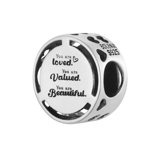 Inspirational Words Symbols 925 Sterling Silver Charm Bead For Pandora & Similar Charm Bracelets or Necklaces - color: You Are Loved, Valued, Beautiful