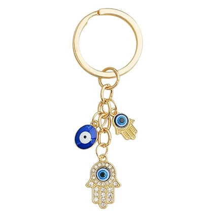 Blue Evil Eye Keychain Hamsa Hand Protection Keyring Good Luck Amulet for Purse Keys,Spiritual Gift for Women Men - color: Gold-5