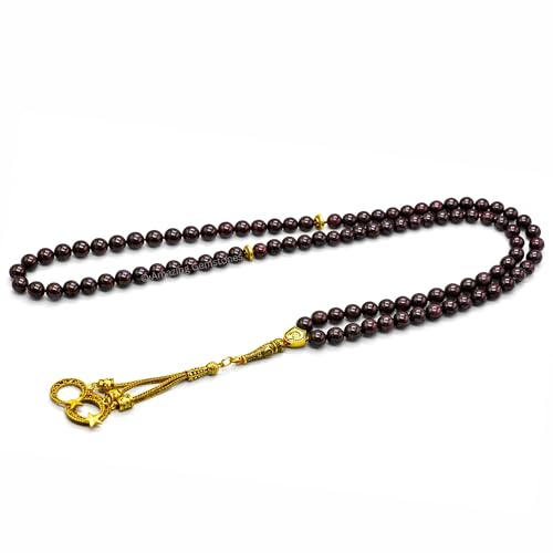 Amazing Gemstone Crystal Tasbeeh with Moon and Star Charm - Certified Crystal Muslim Prayer Beads Natural Gemstone Tasbih Gift for Ramadan Dhikr and Daily Namaz (G) - color: Garnet