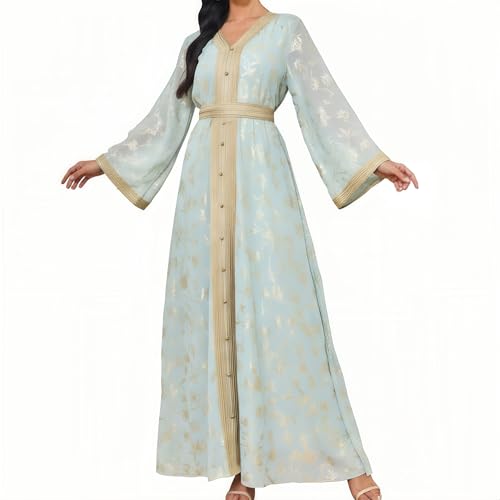 Abaya Muslim Dress for Women V Neck Belted Embroidered Floral Maxi Kaftan Islamic Dubai Arabian Evening Dress - color: Light Green, size: Medium
