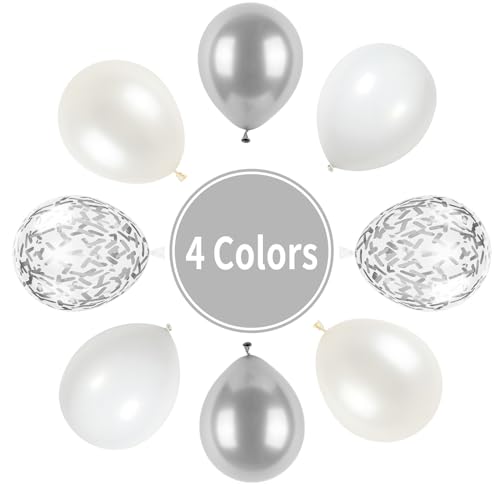 White and Silver Balloons, Metallic Silver and White Balloons Pearl White Silver Party Balloons Silver Confetti Balloons Chrome Latex Balloons for Kids Adults Birthday Wedding Baby Shower Graduation - color: Silver and White