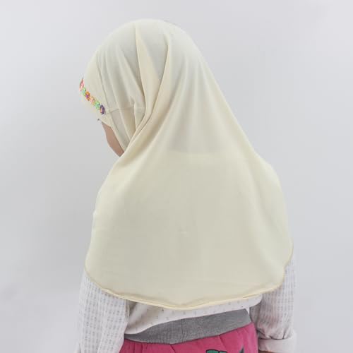 Girls Instant Hijab – Soft Kids Muslim Scarf with Flower, Breathable One-Piece Headscarf for Toddlers Age 2-8 - color: Small Flower-cream