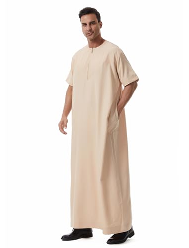 Muslim Men Abaya Short Sleeve Kaftan Islamic Arab Robe Men Dishdasha Zipper Robe Ethnic Clothes Dubai Travel Thobe - color: Beige, size: Large