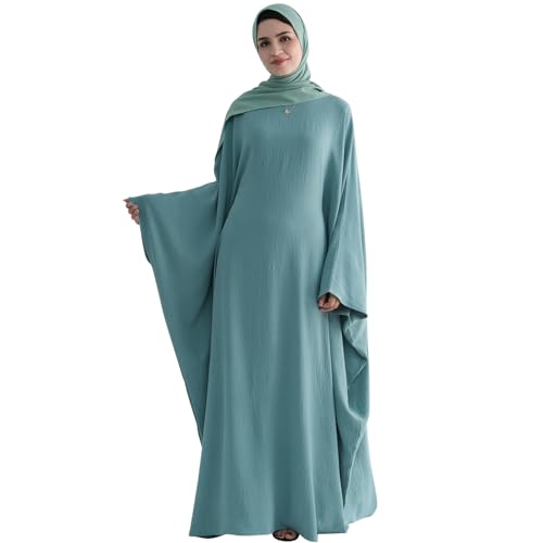 Muslim Abaya Dress Women Middle East Arabian Prayer Robe Batwing Maxi Kaftan Abaya Dress with Hijab - color: Green
