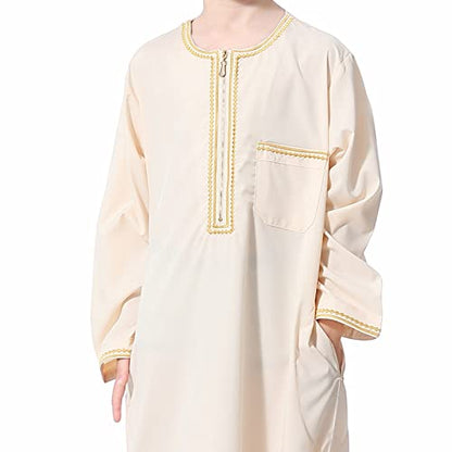 Boys Muslim Kaftan Islamic Thobe Kids Boys Muslim Dress Arabic Thobe Abaya Prayer Clothes Dubai Ramadan Eid Outfit - color: Beige, size: 4-6 Years