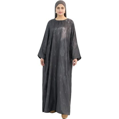 khalat Abaya Muslim Dress Women Satin Jacquard Prayer Dress Batwing Long Sleeve Islamic Dubai Robe with Chiffon Hijab - color: Grey