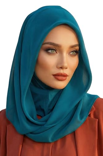 Aisha's Design Pre-tied Cotton-Chiffon Scarf for Women Practical Veil Instant Scarf Hijab Stylish Design - color: Petrol