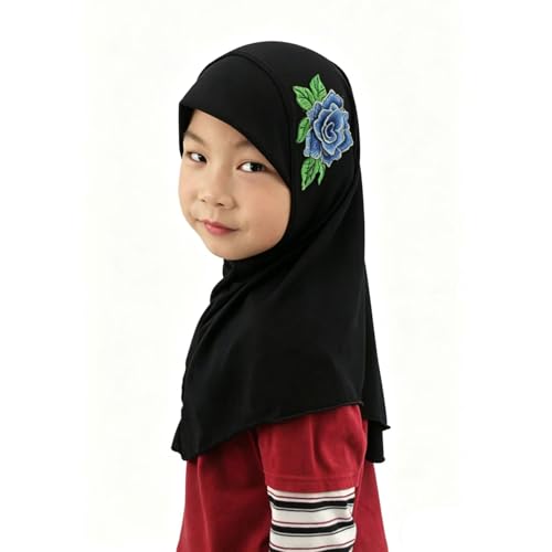 Girls Hijab Scarf Soft Headwrap with Floral Applique, One-Piece for Active Kids, Ideal for School & Daily Wear - color: Black 1