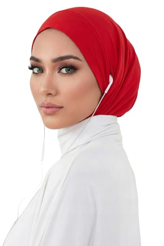Aisha's Design Practical Cotton Bonnet with Built-In Neck Cover and Ear Access - color: Red
