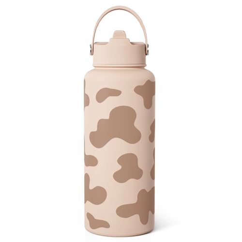 Cow Print Water Bottle 32oz Stainless Steel with Lid, Insulated Bottles for Sports Travel Outdoor, Gifts for Women Girls Birthday Christmas - color: Cow Skin