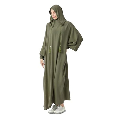 Abaya Muslim Dress Women Prayer Dress Long Sleeve Hooded Loose Maxi Dress Arabian Dubai Islamic Clothes - color: Army Green