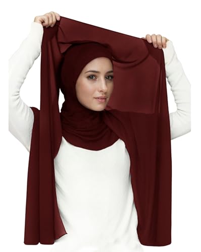Lina & Lily Flowy Chiffon Instant Hijab Scarf Attached Jersey Ninja Undercap Full Coverage for Muslim Women - color: Dark Red