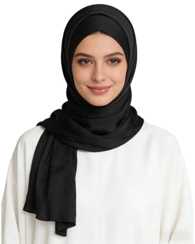 JUMISEE Silky Satin Hijab Scarf for Women Fashion Crinkle Crepe Instant Muslim Islamic Hijab Head Wrap Long Shawls - color: Black