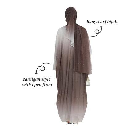 Muslim Women Abaya Gradient Flash Cardigan Sequin Robe with Hijab | Gradient Color, Flash Sequin, Scarf Hijab - color: 커피., size: M