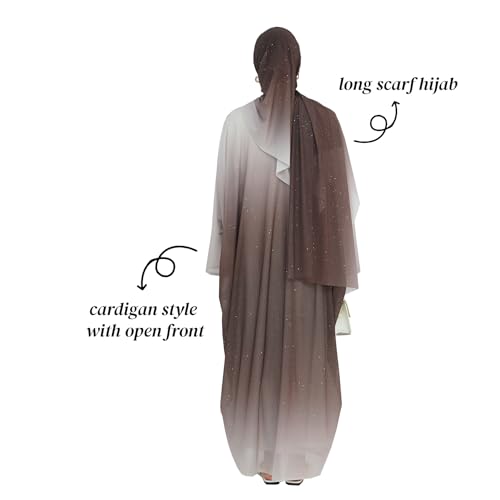 Muslim Women Abaya Gradient Flash Cardigan Sequin Robe with Hijab | Gradient Color, Flash Sequin, Scarf Hijab - color: 커피., size: XL