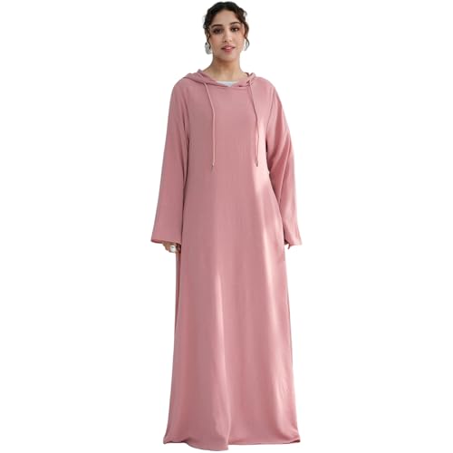 Muslim Abaya Dress for Women Lightweight Hoody Pockets Islamic Prayer Robe - color: Pink, size: Large