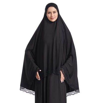 Muslim Women's Instant Big Hijab Jersey Turbans Khimar Abaya Soft Prayer Scarf, 1pc Lace - color: Black, size: X-Large