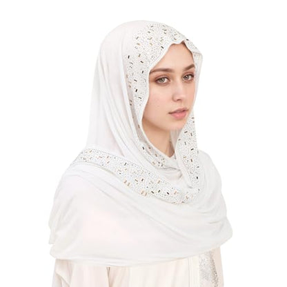 IPENNY Women's Hijab Scarf - Rhinestone Embellished, Soft Lightweight & Versatile for Daily Wear, Prayer, Special Occasions - color: White