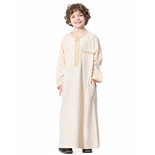 IBTOM CASTLE Robe for Boys Muslim Long Sleeve Thobe Abaya Saudi Arab Kaftan Islamic Zipper Arabic Dubai Dress With Pockets - color: Beige, size: 7-8 Years