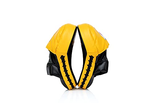Fairtex FMV9 Contoured Focus Mitts |Striking Accuracy & Protection for Boxing, Muay Thai, Kickboxing |Ergonomic Design, Soft Padding, Secure Fit Leather - color: Black/Yellow