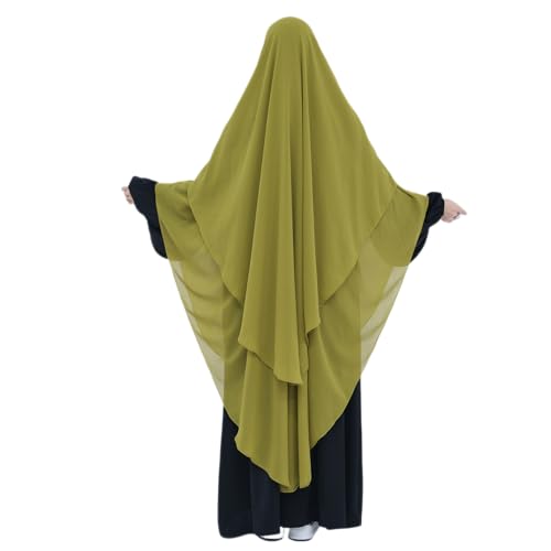 SYANKANGXIAO Ramadan Eid Khimar Abaya Turkey Islam Muslim Chiffon 2 Layers Long Hijab Dress Prayer for Women Full Cover Robe - color: Earth Yellow