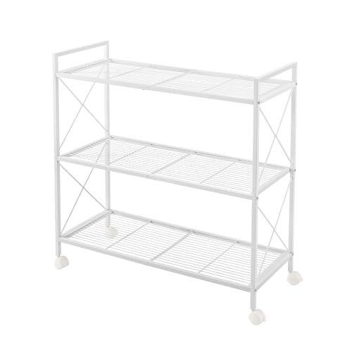 SONGMICS 3-Tier Metal Storage Rack with Wheels, Mesh Shelving Unit with X Side Frames, 31.5-Inch Width, for Entryway, Kitchen, Living Room, Bathroom, Industrial Style, White UBSC183W01 - color: White, size: 3 Tiers (31.5"W)