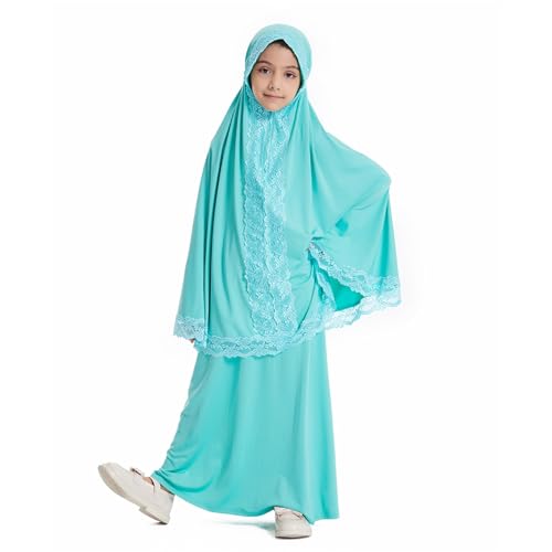 Girls Abaya Muslim Prayer Dress 2 Piece Maxi Sleeve Full Cover Lace Hijab Kaftan Tops Long Skirt Kids Soft Elastic - color: Green, size: 11-12 Years