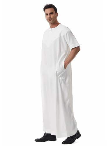 Muslim Men Abaya Short Sleeve Kaftan Islamic Arab Robe Men Dishdasha Zipper Robe Ethnic Clothes Dubai Travel Thobe - color: White, size: X-Large