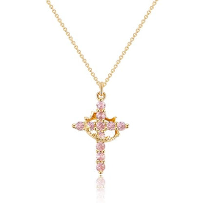 Robaice Upgraded Crown Cross Necklace for Women, 14K Gold Plated - color: M10 Tourmaline Pink, Oct