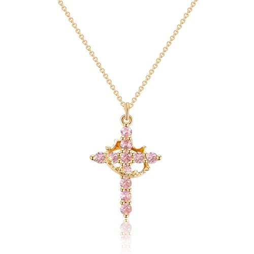 Robaice Upgraded Crown Cross Necklace for Women, 14K Gold Plated - color: M10 Tourmaline Pink, Oct