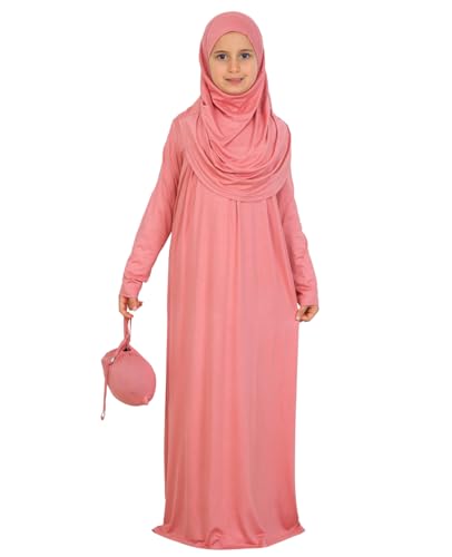 Prien Kids Muslim Prayer Dress With Hijab & Pouch, Soft Viscose Abaya For Girls, Islamic Clothes, Robe For Eid, Ramadan - color: Dusty Rose