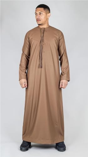 Men's Thobe Emirati Omani Jubba Islamic Clothing Muslim Kaftan Eid Robe Arab String Tassel - color: Bronze Regular, size: 52