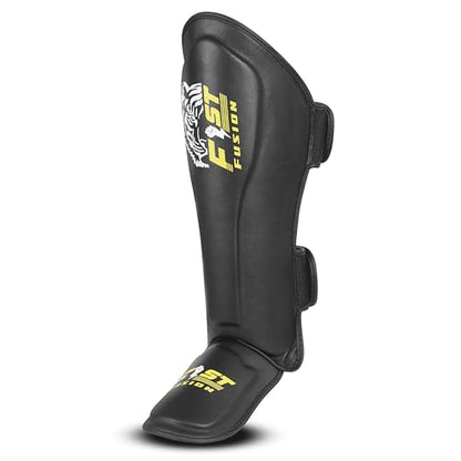 FF MMA Shin in Step Guards Padded Muay Thai Leg Protection for Kickboxing Training Sparring Leg Guards Adjustable Boxing Shininstep x2 - color: Black (Yellow Logo), size: Small-Medium