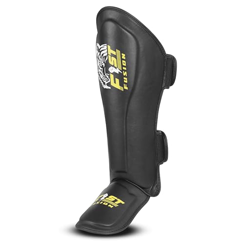 FF MMA Shin in Step Guards Padded Muay Thai Leg Protection for Kickboxing Training Sparring Leg Guards Adjustable Boxing Shininstep x2 - color: Black (Yellow Logo), size: Large/XL