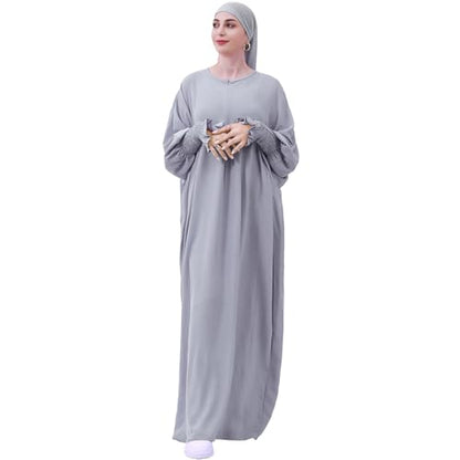 khalat Womens Muslim Prayer Dress Front Zipper Kaftan Islamic Robe Modest Solid Abayas for Women Muslim - color: Light Gray