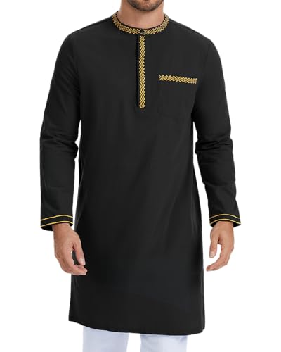 YAOHUOLE Caftans for Men Islamic Kaftan for Men Long Sleeve Arabic Thobe - color: Black, size: Large