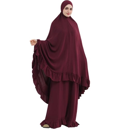 2PCS Abayas for Women Muslim Dress Ruffled Hem Modest Prayer Robe Full Coverage Modest Jilbab Set - color: Wine Red, size: Medium