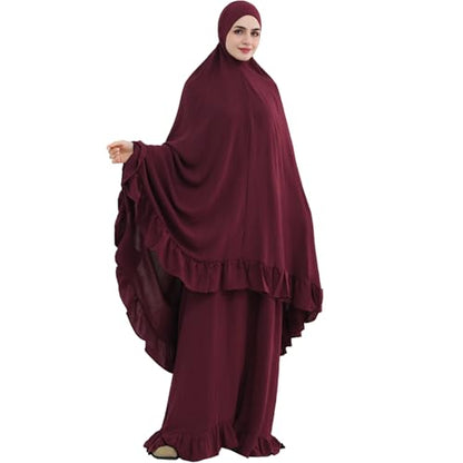 2PCS Abayas for Women Muslim Dress Ruffled Hem Modest Prayer Robe Full Coverage Modest Jilbab Set - color: Wine Red, size: Medium