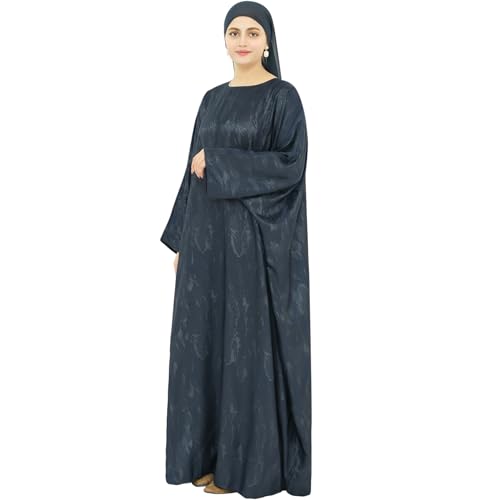 khalat Abaya Muslim Dress Women Satin Jacquard Prayer Dress Batwing Long Sleeve Islamic Dubai Robe with Chiffon Hijab - color: Blue