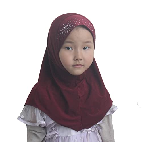 Girls Kids Muslim Hijab Islamic Scarf, Shawl with Rhinestone, Ready-to-Wear Daily Scarf for Ages 3-8 - color: Red