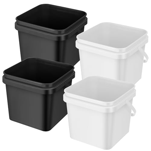 4 Pcs Plastic Bucket 5 Quart Square Cleaning Bucket Utility Small Pail with Handle for House Cleaning Storage Livestock Feeding Car Washing (White,Black) - color: White, Black