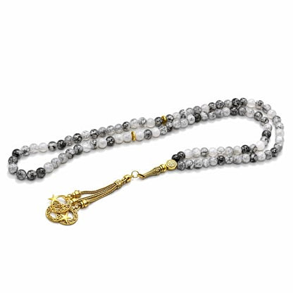 Amazing Gemstone Crystal Tasbeeh with Moon and Star Charm - Certified Crystal Muslim Prayer Beads Natural Gemstone Tasbih Gift for Ramadan Dhikr and Daily Namaz (G) - color: Dragon Vein Agate