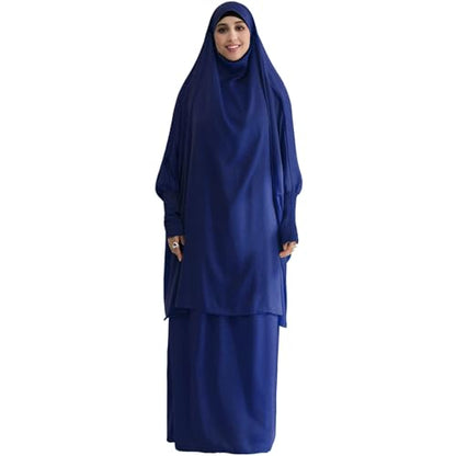 Muslim Women Abaya Two Pieces Set Prayer Dress Elasticated Sleeves Islamic Robe Modest Full Cover Prayer Clothes - color: Navy Blue