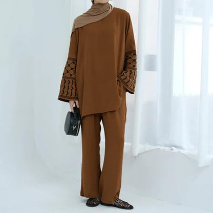 Women's Top + Pants Eid Ramadan Muslim Two-piece Outfits Embroidered Dubai Abaya Islamic Arabic Clothing - color: Coffee, size: X-Small-Small