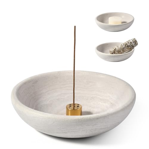 Koville Natural Marble Incense Holder, Incense Holder for Sticks with 9 Holes, Handmade Incense Burner Ash Catcher for Meditation Yoga SPA, Balsam Fir/Palo Santo/Sage/Cone Incense Bowl(Grey) - color: D=150-beige