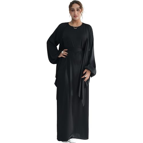 2PCS Muslim Abaya Dress for Women Smooth Satin Prayer Cardigan with Belt - color: Black, size: X-Small-Small