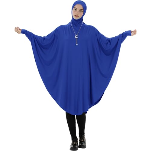 Muslim Abaya Dress for Women Highly Stretchy Batwing Hooded Prayer Hijab - color: Blue, size: Large