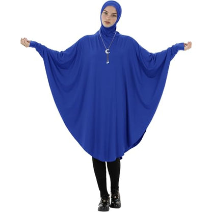 Muslim Abaya Dress for Women Highly Stretchy Batwing Hooded Prayer Hijab - color: Blue, size: Large
