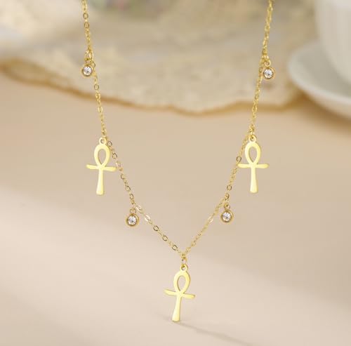 Ankh Cross Y Necklace Key of Life Eye of Horus Pendant Cartouche Long Chain Protection African Coptic Amulet Ancient Egyptian Religious Jewelry Gift for Women Men - color: Gemstone Ankh Cross gold