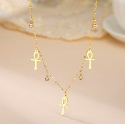 Ankh Cross Y Necklace Key of Life Eye of Horus Pendant Cartouche Long Chain Protection African Coptic Amulet Ancient Egyptian Religious Jewelry Gift for Women Men - color: Gemstone Ankh Cross gold